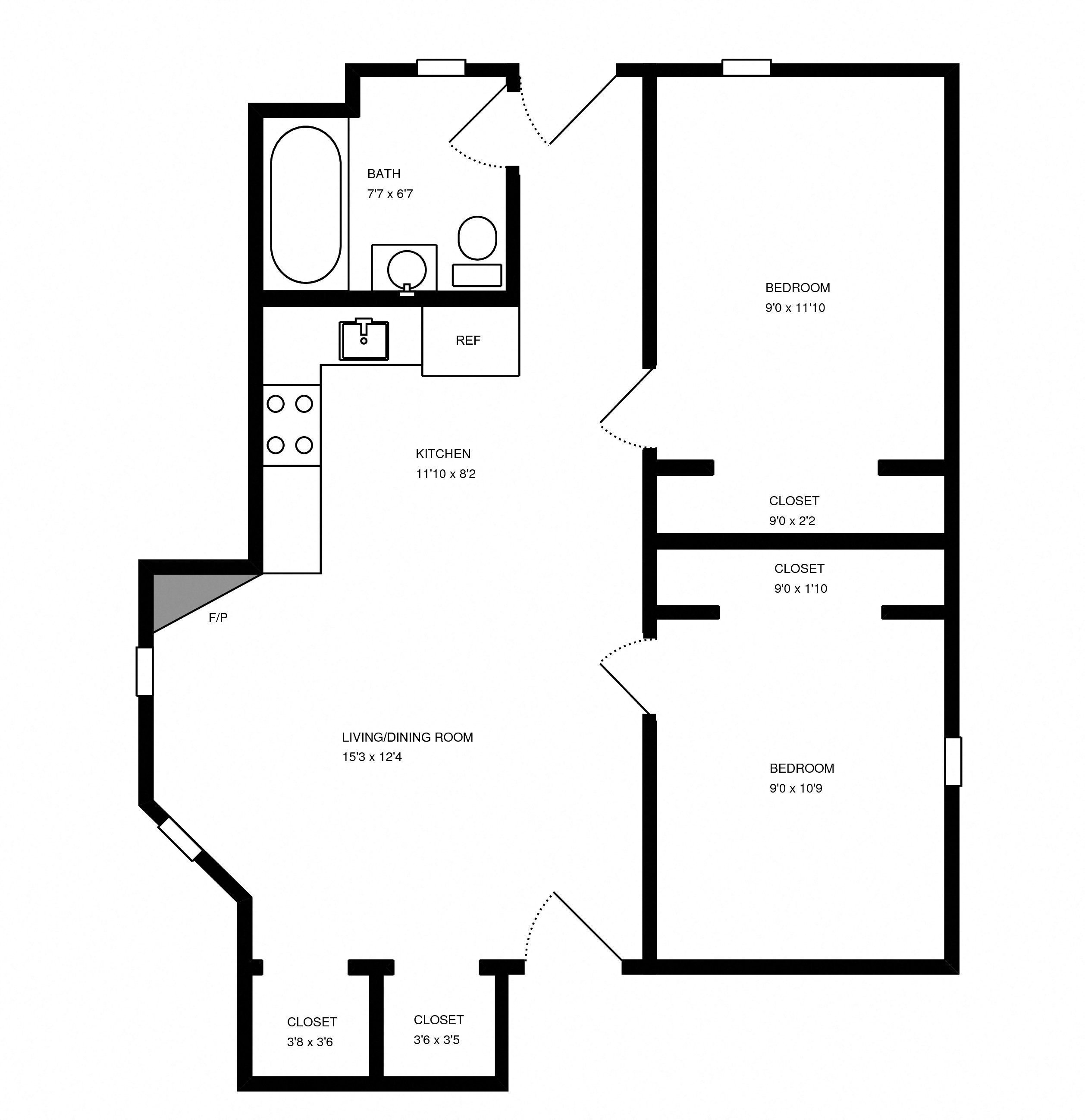 Floor plan for 2 beds, 1 bath, 750 sqft
